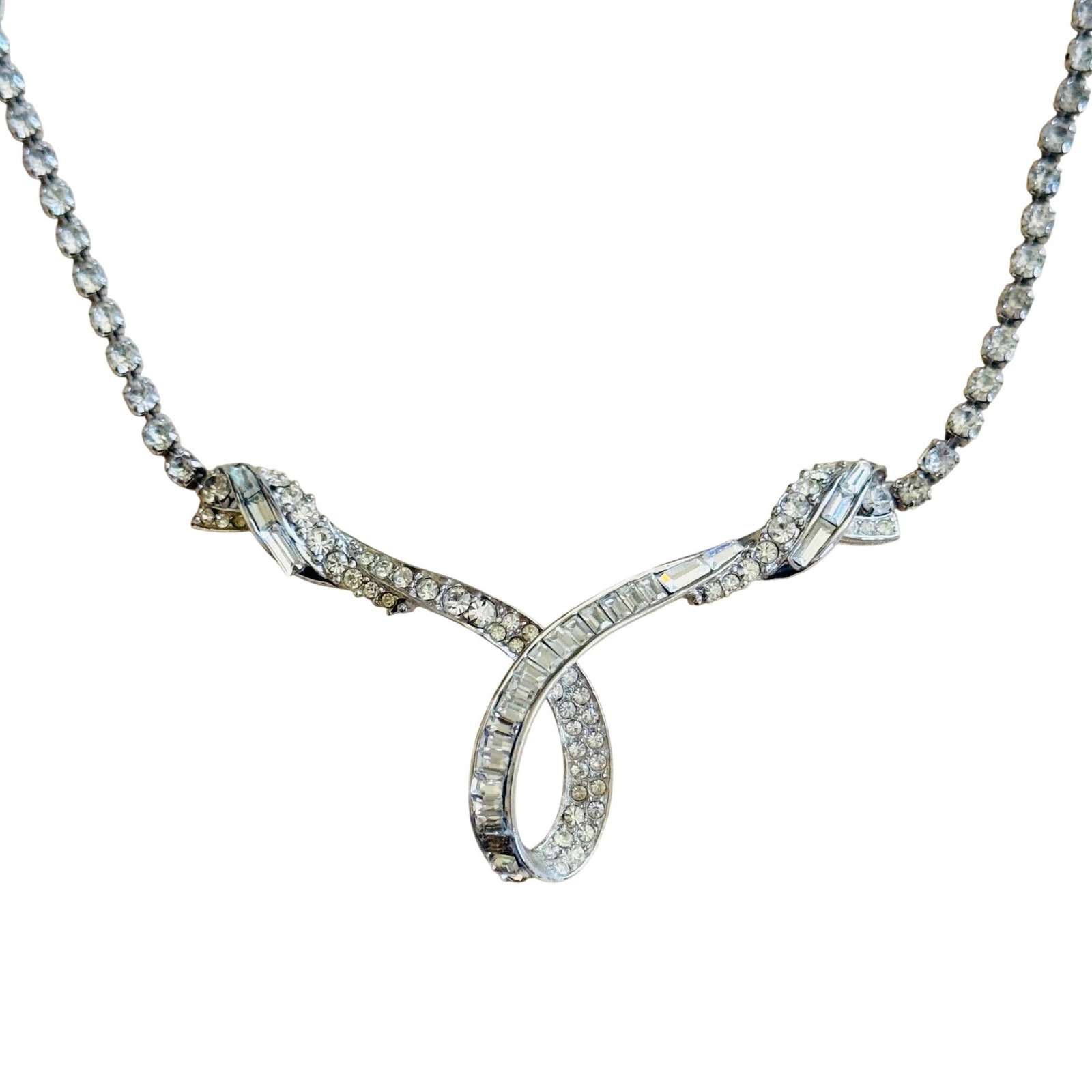 D'orlan Signed Necklace Vtg Crystal Rhinestone Ribbon Silver Baguettes Choker